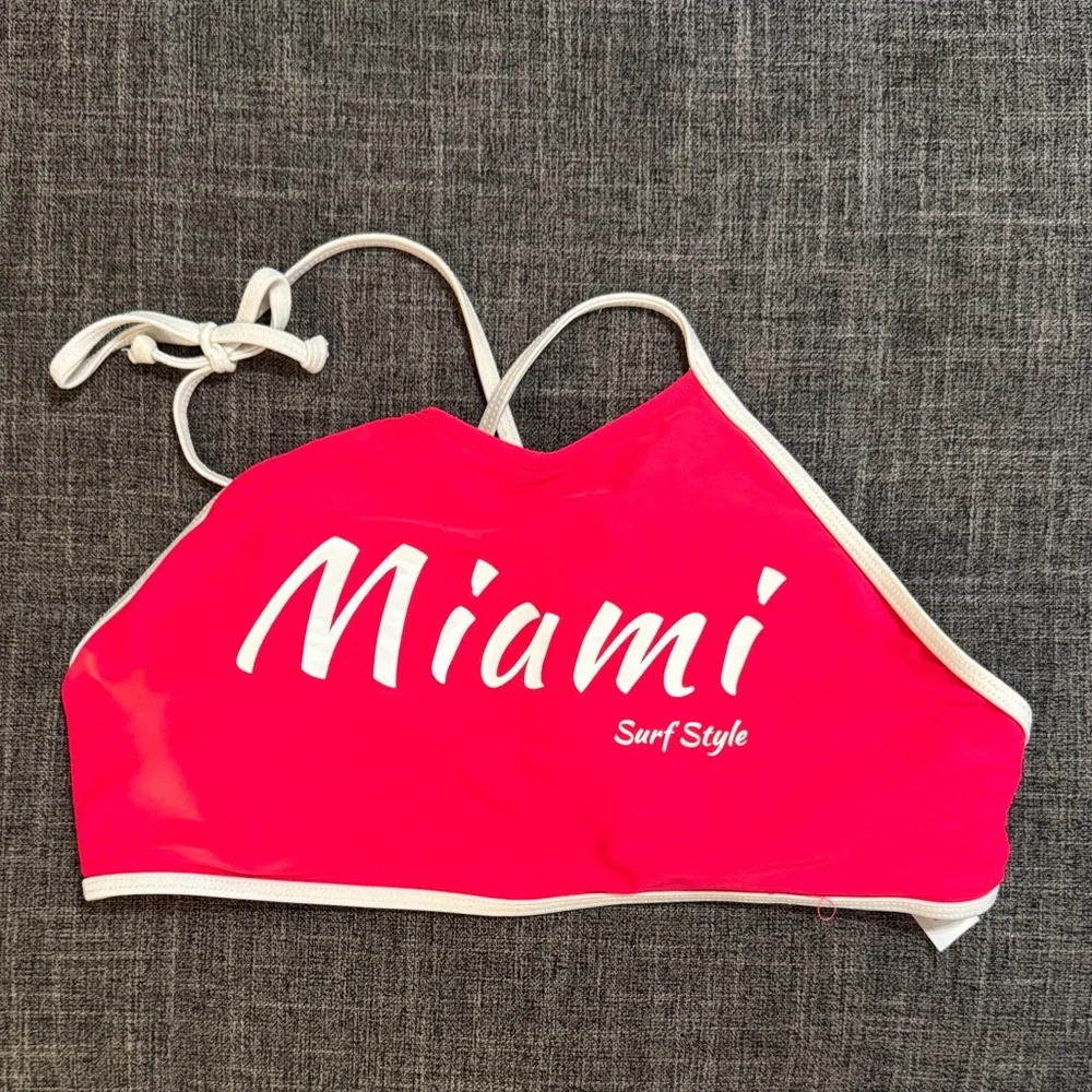 Y2K Miami Surf Style Hot Pink Halter Bikini Top Barbiecore Retro Swim
